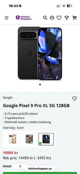 Google Pixel 9 Pro XL 5G, 128GB, Obsidian (svart). Telefonen är i nyskick