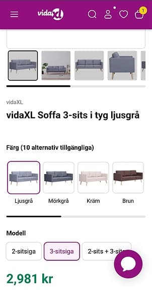 VidaXl 3 sits soffa oanvänd