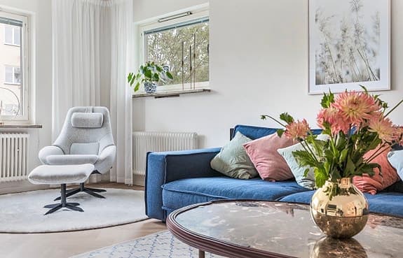 BOLIA Noora modulsoffa + matchande puff – blått London-tyg