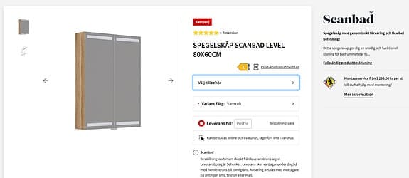 Endast öppnad kartong - SPEGELSKÅP SCANBAD LEVEL 80X60CM, Varm Ek