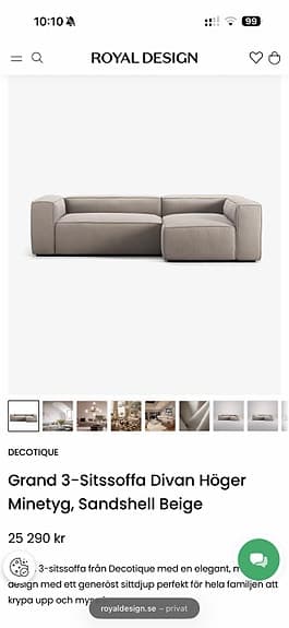 Grand 3-Sitssoffa Divan Höger Minetyg, Sandshell Beige
