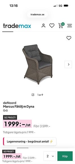 Helt nya utomhusmöbler setet 12999kr. Stolarna 999kr st.