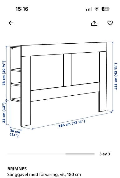IKEA vit sänggavel med hyllor 186 cm