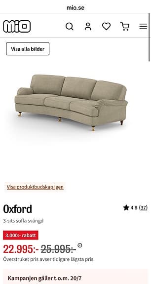 Mio Oxford 3-sits soffa i Bardot taupe tyg