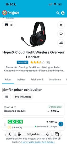 HyperX Cloud Flight trådlöst utan dongle gamingheadset svart