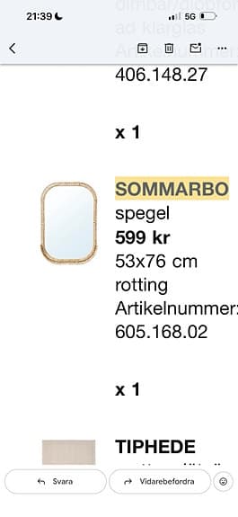 IKEA SOMMARBO spegel 53x76 cm rotting