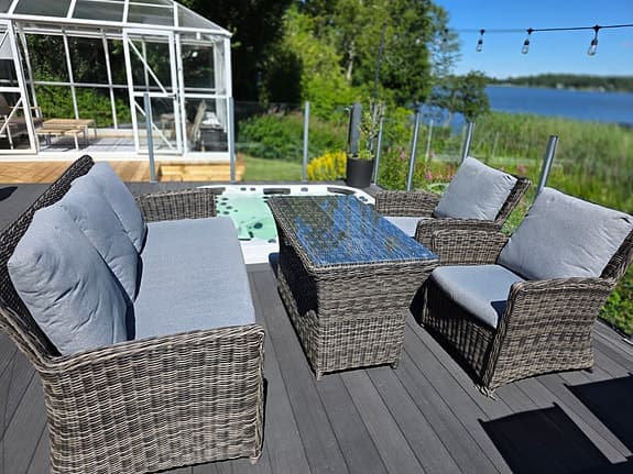 Konstrotting loungeset med soffa, fåtöljer och bord grå