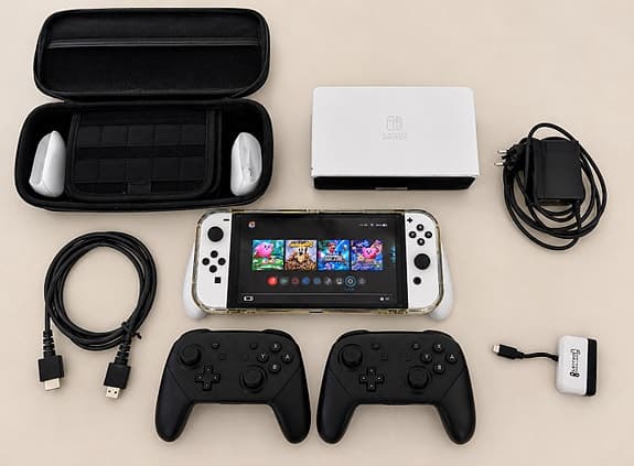 Nintendo Switch OLED vit + 2 extra kontroller & tillbehör