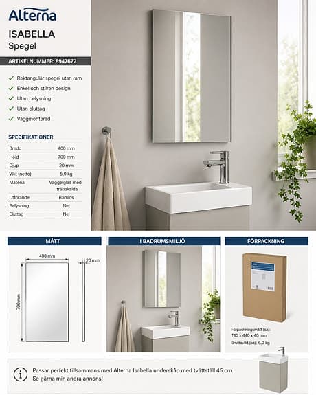 Alterna Isabella spegel badrumsspegel 40×70 cm – NYTT