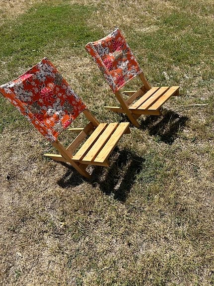 Retro Hopfällbara strandstolar trä med blommigt tyg, 2st