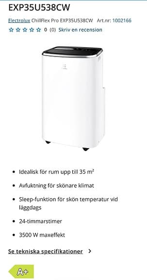 Electrolux EXP35U538CW portabel luftkonditionering vit