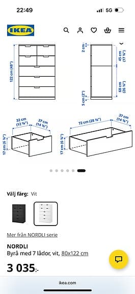 IKEA vit byrå med 7 lådor