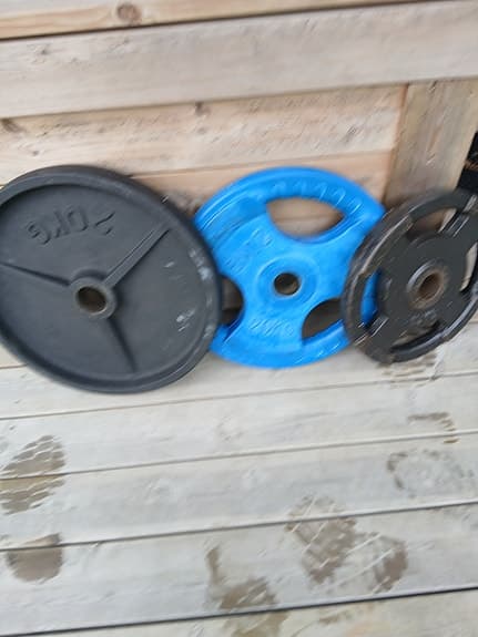 Träningsbänk med skivstänger och vikter