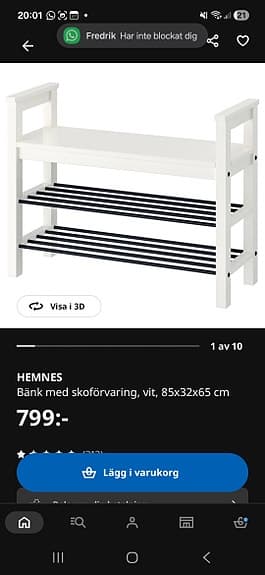 Ikea HEMNES bänk och hatthylla med skoförvaring vit