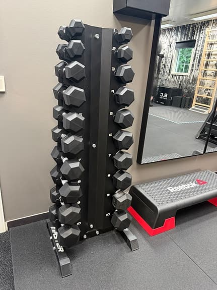 Hantelset 1–10 kg inkl. ställ – Absolut nyskick (110 kg totalt)