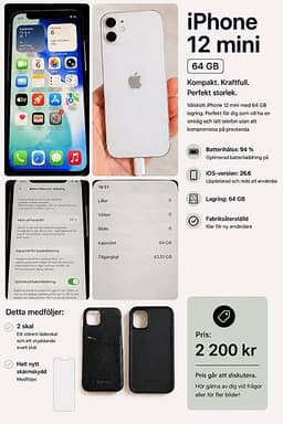 iPhone 12 mini 64 GB – Vit – Bra atterihälsa 94 % – Bra skick