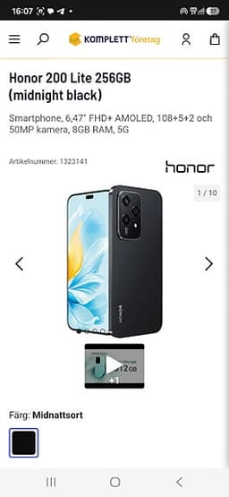 Honor 200 Lite 256GB (Midnattsvart) – Som ny med monterat pansarglas