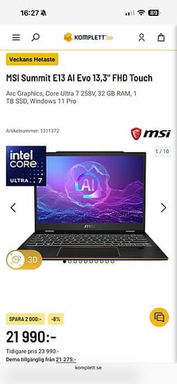 MSI Summit E13 AI Evo – Ny & oanvänd, kvitto + 2 års garanti