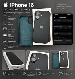 iPhone 16 128GB Svart – 98% Batteri – Nyskick