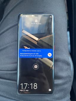 Huawei mate 20 pro med skal och har lite spricka på baksidan och fungerar bra