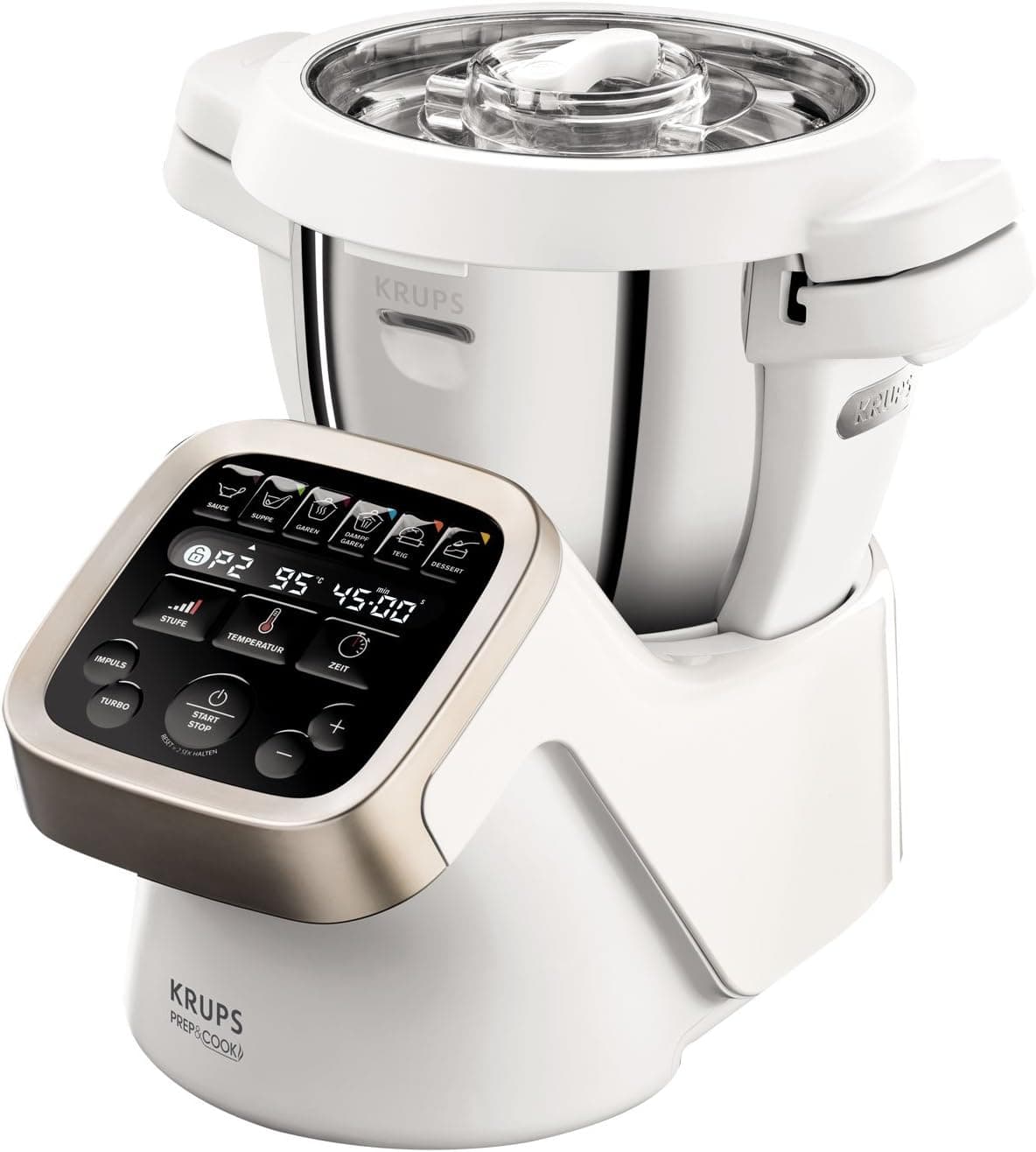 Krups HP 5031 Prep&Cook Multifunktions- Küchenmaschine [1550 Watt bis zu 12.000 U/min mit Kochfunktion] weiß/ Edelstahl