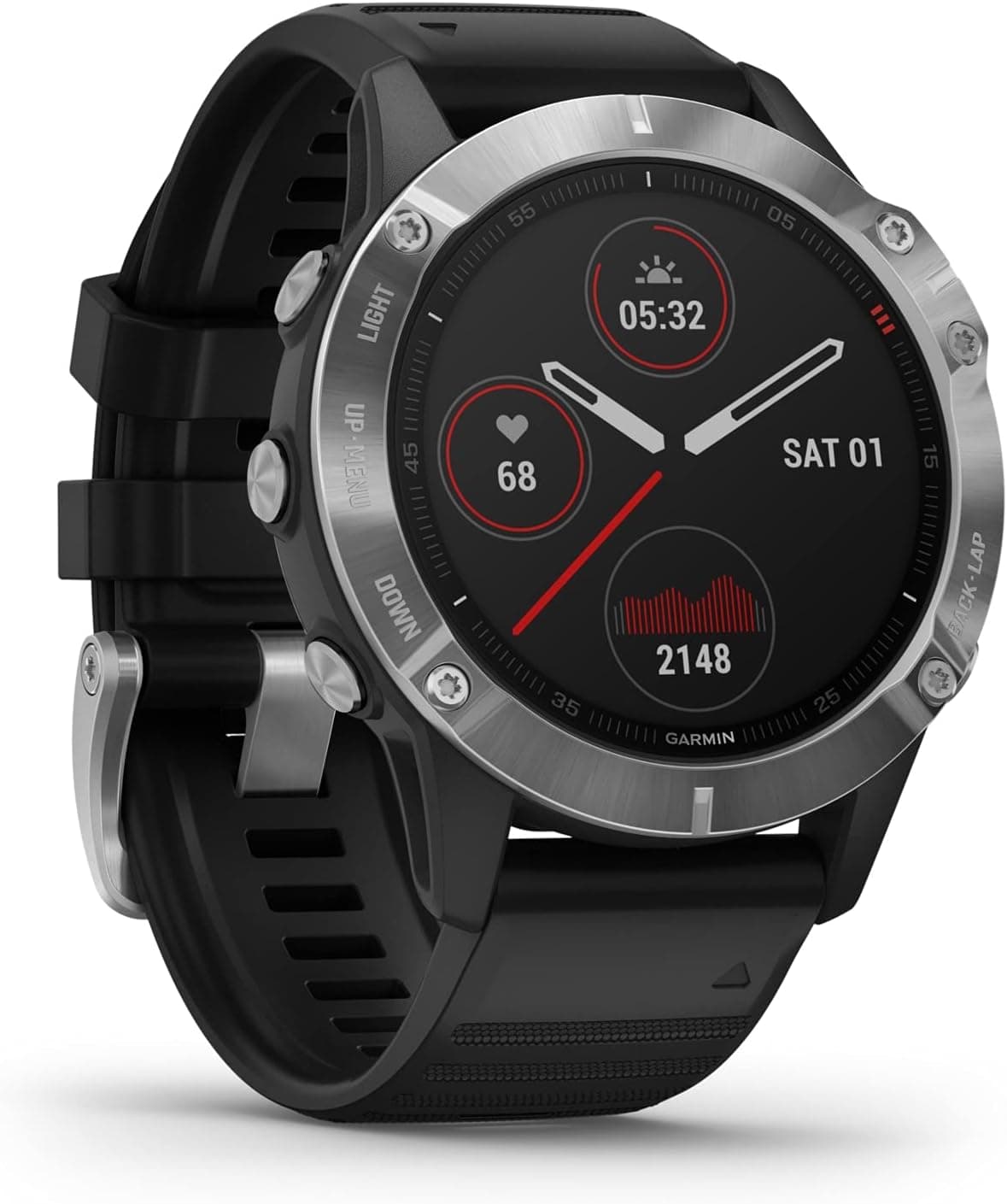 Garmin Fenix 6 [inkl. Silikonarmband schwarz] 47mm Edelstahlgehäuse silber