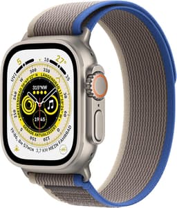 Apple Watch Ultra [GPS + Cellular inkl. Nylon Trail Loop S/M blau/grau] Titangehäuse silber