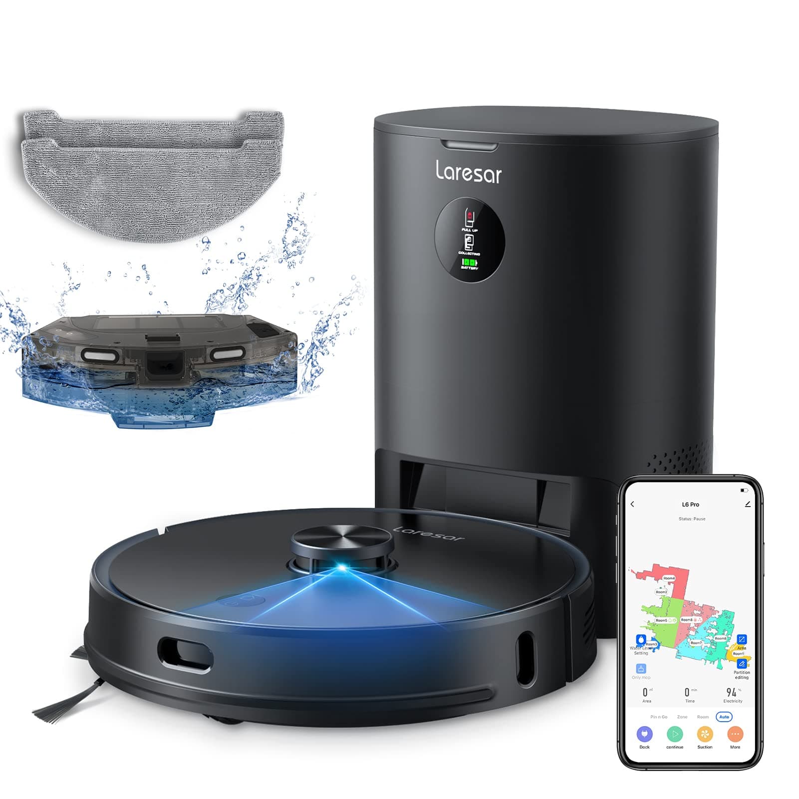 Laresar Saug-/Wischroboter [250min 03 Liter Staubbehälter 03 Liter Wassertank 3500Pa] schwarz inkl. Absaugstation
