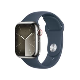 Apple Watch Series 9 [GPS + Cellular inkl. Sportarmband M/L sturmblau] 41mm Edelstahlgehäuse silber
