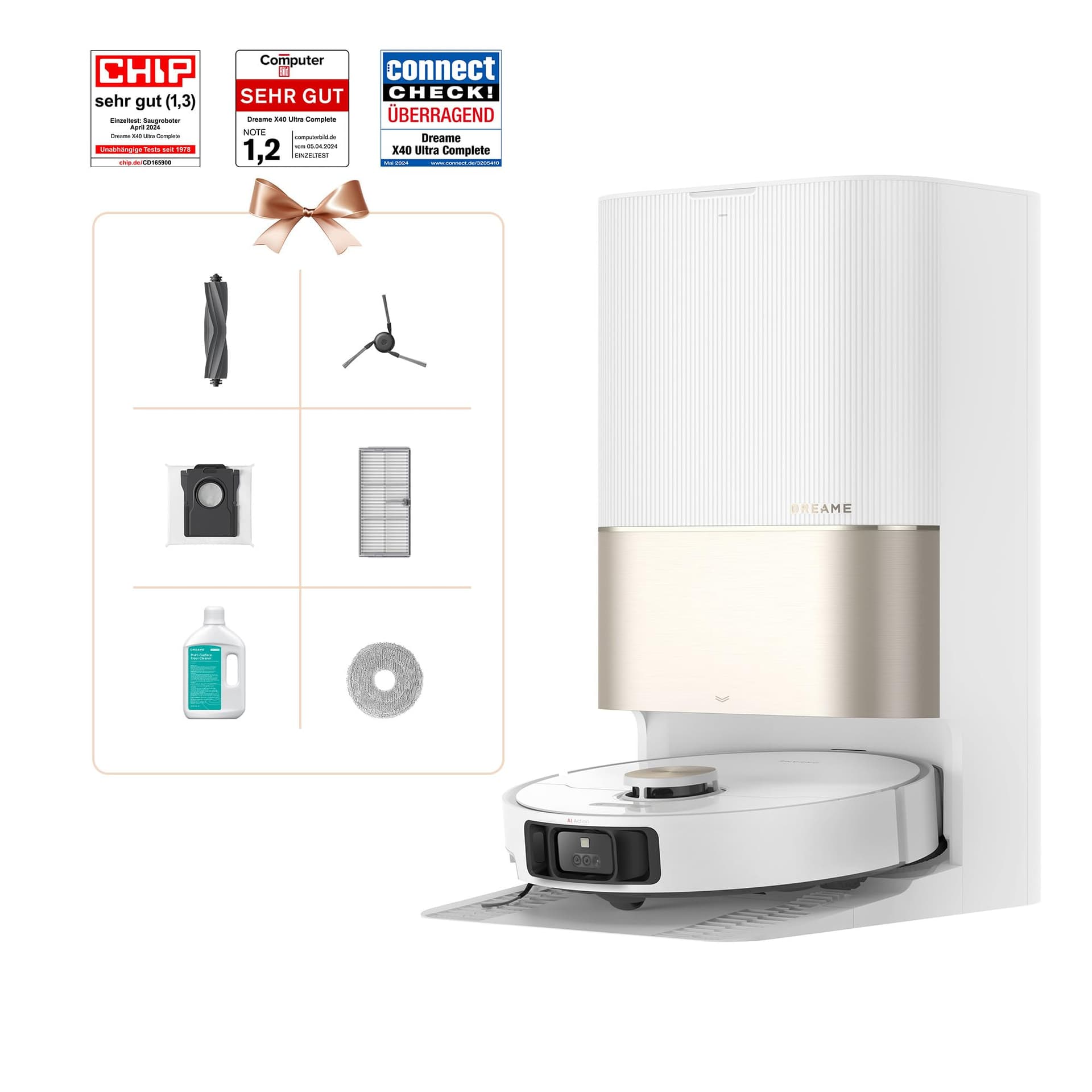 Dreame X40 Ultra  Saug- &Wischroboter [260 Minuten 800ml + 80ml 12000PA] weiß inkl. Absaugstation