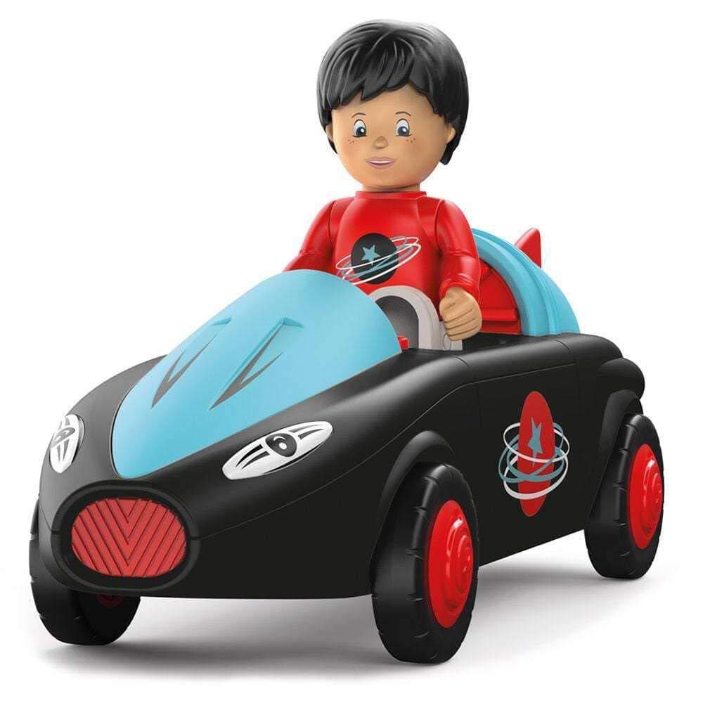 Toddys by siku 0115 Sam Speedy 3-teiliges Spielzeugauto mit Licht und Sound Zusammensteckbar Inkl. beweglicher Spielfigur Hochwertiger Schwungradmotor Schwarz/Türkis Ab 12 Monaten