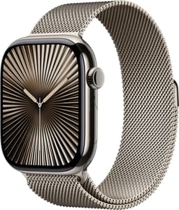 Apple Watch Series 10 [GPS + Cellular inkl. Milanaise-Armband S/M natur] 46mm Titangehäuse natur