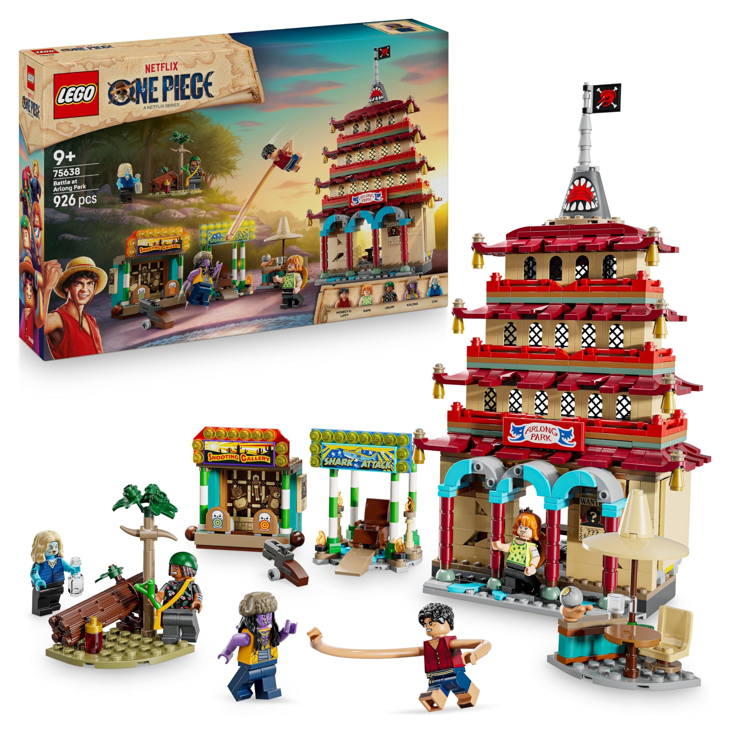 LEGO ONE Piece - Showdown im Arlong Park - Interaktives Spielzeug mit 5 Minifiguren - Ruffy & Nami sowie Einer einstürzenden Pagode - Anime Geschenk für Jungen Mädchen & Fans ab 9 Jahren - 75638