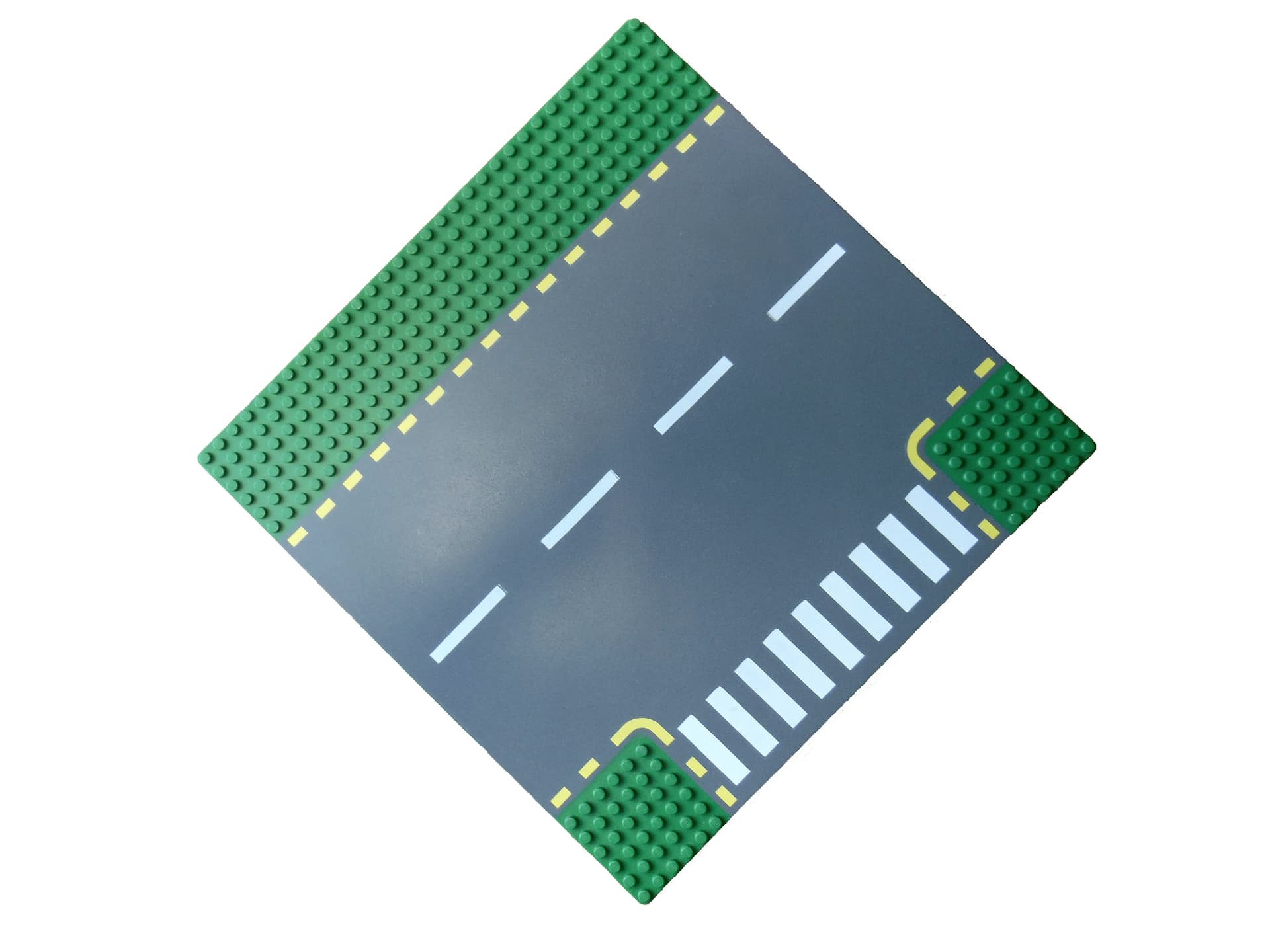 1x Lego Straßenplatte T-Kreuzung mit Zebrastreifen [25x25 cm/32x32 Noppen gelb gestrichelt] grün