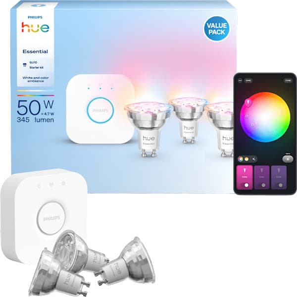 Philips Hue Essential GU10 spotlightlampa, 3 st + Hue Bridge - A - Som ny
