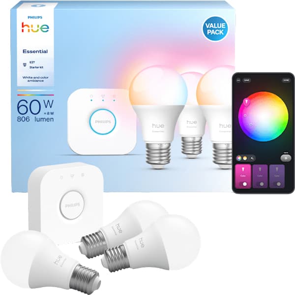 Philips Hue Essential White and Color Ambiance E27 Smart Glödlampa, 3 st + Brygga - A - Som ny