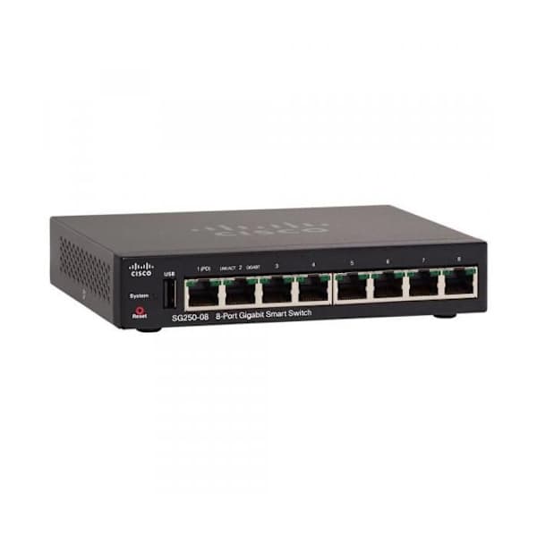 Cisco 250 Series SG250-08 8x10-100-1000 Smart C3 Switch (1 PoE, 1 PoE+) PoE+ Rackmonterbar- REFURBISHED