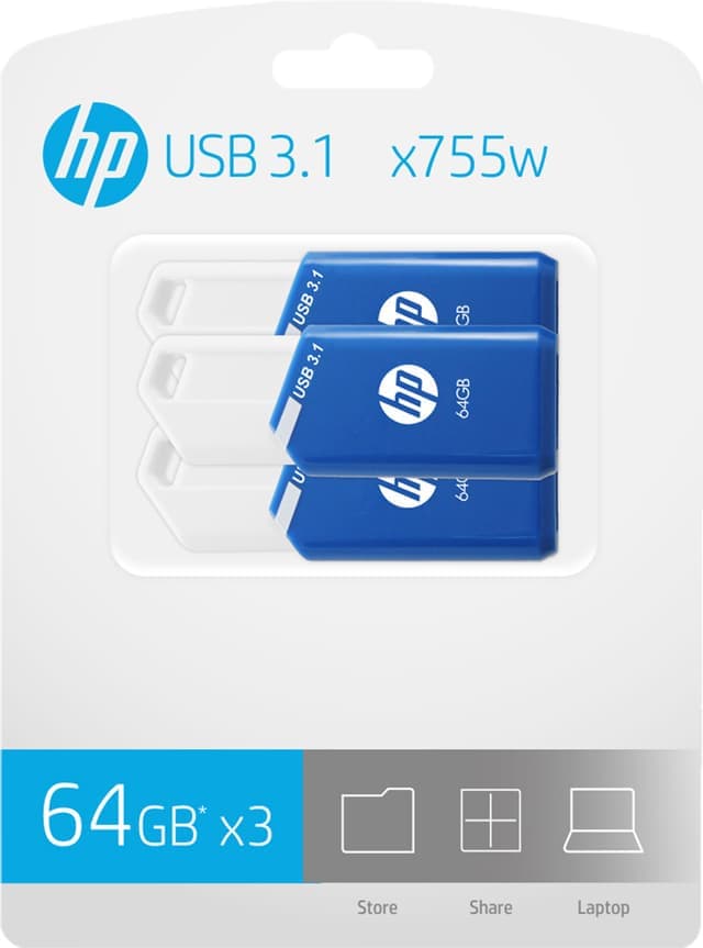 HP x755w USB 3.1-enhet 64 GB (3-pack) - Nyskick - i originalförpackning
