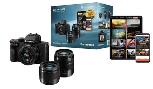Pack Appareil photo hybride Panasonic G100D + Objectif standard 12-32 mm + Téléobjectif 45-150 mm + Focale fixe 25 mm F1.7 + formation Jiminy