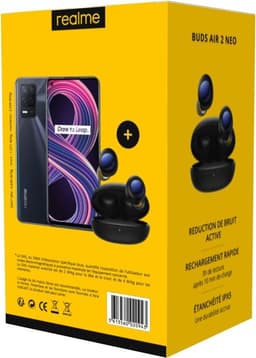 Pack Smartphone Realme 8 6.4" Double SIM 5G 128 Go Noir + Ecouteurs sans fil Bluetooth Realme Buds Air 2 Neo à réduction du bruit Noir