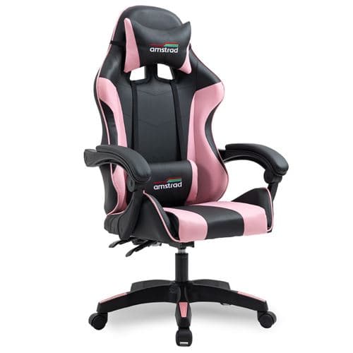 Amstrad AMS-800-PINK Fauteuil / Chaise de bureau Gamer coloris noir & rose - coussin lombaire & appuie tête