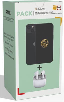Pack Apple iPhone 13 6,1" 5G Nano SIM 128 Go Noir Reconditionné Grade A Reborn + Ecouteurs sans fil blancs Neufs