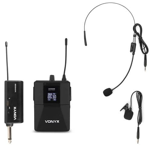 Vonyx WM55B Ensemble Microphone Sans Fil UHF avec Émetteur BodyPack - Micro Cravate, Micro Casque