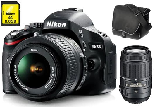 Pack Fnac : Nikon D5100 + 2 Obj. Nikon AF-S DX VR série G : 18 - 55 mm f/3.5 - 5.6 + 55 - 300 mm f/4.5 - 5.6 + Fourre-tout + Carte SDHC 8 Go