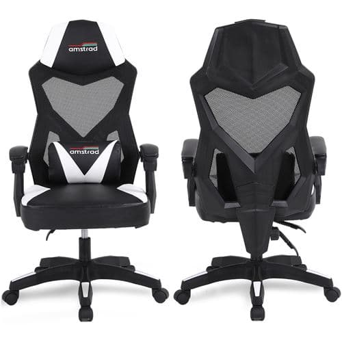 Amstrad AMS-309-WH Fauteuil / Chaise / Siège de bureau ou Gamer noir & blanc - Coussin lombaire - Tissu en maille respirante