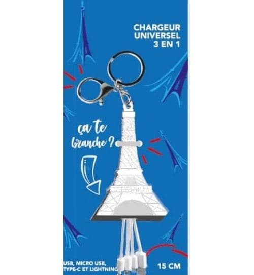 Câble téléphone portable Yello koko multi-connecteur Tour Eiffel vers USB-C/Micro-USB/Lightning Blanc