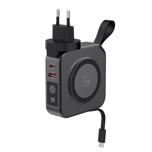 Powerbank sans fil Magnétique Force Power MagSafe 10000 mAh + Chargeur Voyage 20 W USB A+C Noir