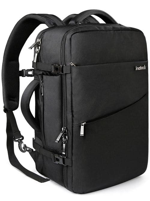 Inateck Sac à Dos Cabine Grand 40L, Sac à Dos Voyage Avion Antivol, Bagage à Main à 2 Poignées, Sac Ordinateur Portable pour 15,6-17'' PC, Vol approuvé, Imperméable, Femme Homme, Noir