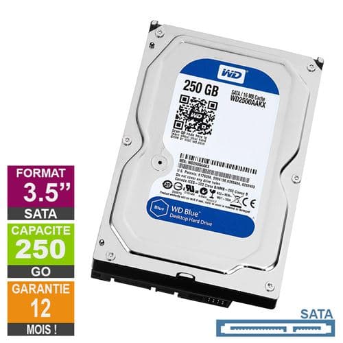 Disque Dur 250Go SATA 3.5 Western Digital Blue WD2500AAKX-75U6AA0 7200rpm 16Mo
