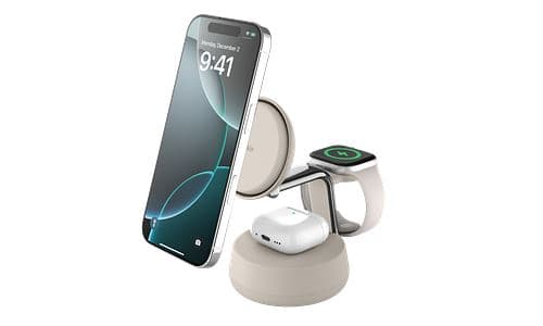 Station de recharge aimantée 3 en 1 Belkin UltraCharge Pro + câble et adaptateur secteur USB-C Sable